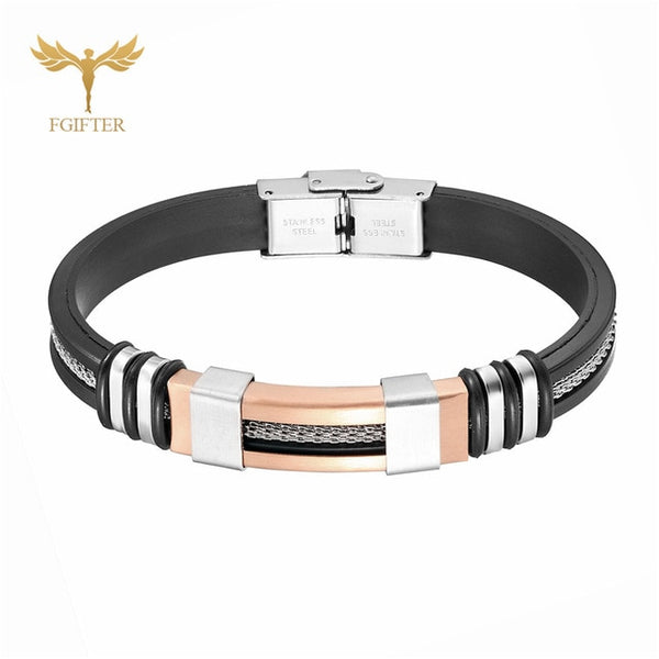 Cool Men's Health Bracelet Stainless Steel Silicone Bracelets with Chain Men Accessories Jewelry Rubber Wristband