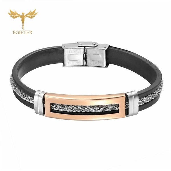 Cool Men's Health Bracelet Stainless Steel Silicone Bracelets with Chain Men Accessories Jewelry Rubber Wristband