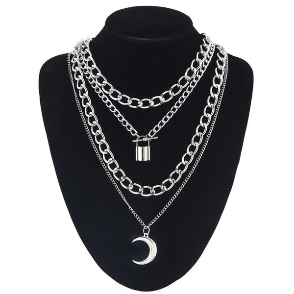 Layered punk chain necklace lock pendant necklace women men choker metal padlock chains goth jewelry grunge aesthetic accessory