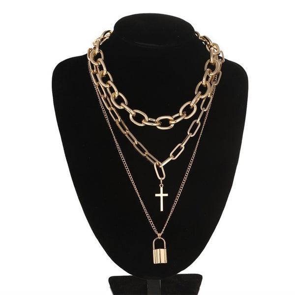 Layered punk chain necklace lock pendant necklace women men choker metal padlock chains goth jewelry grunge aesthetic accessory