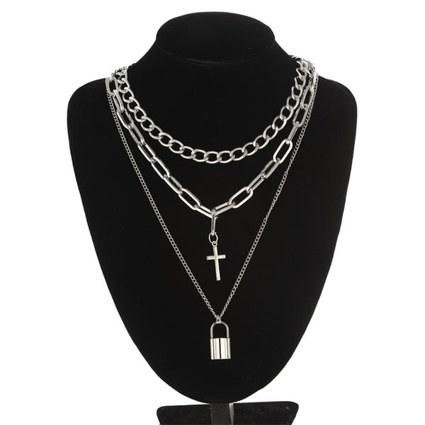 Layered punk chain necklace lock pendant necklace women men choker metal padlock chains goth jewelry grunge aesthetic accessory