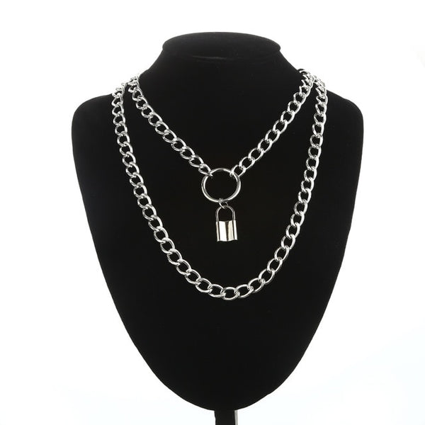 Layered punk chain necklace lock pendant necklace women men choker metal padlock chains goth jewelry grunge aesthetic accessory
