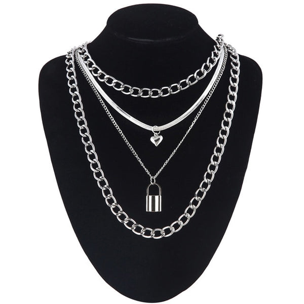 Layered punk chain necklace lock pendant necklace women men choker metal padlock chains goth jewelry grunge aesthetic accessory
