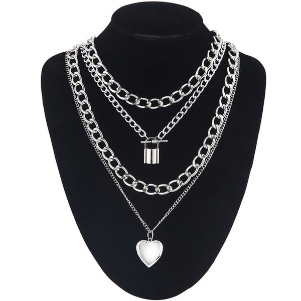 Layered punk chain necklace lock pendant necklace women men choker metal padlock chains goth jewelry grunge aesthetic accessory