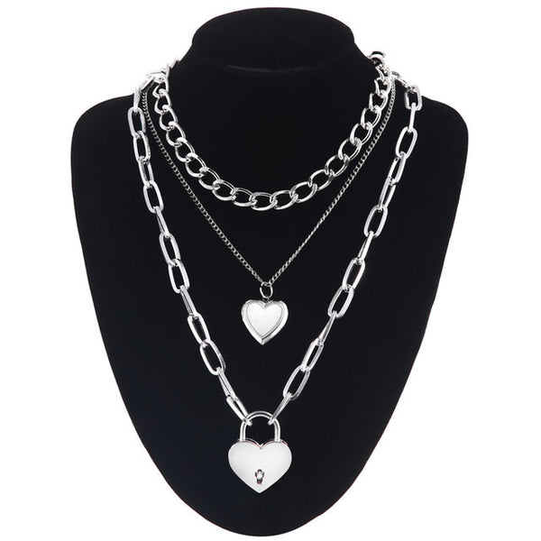Layered punk chain necklace lock pendant necklace women men choker metal padlock chains goth jewelry grunge aesthetic accessory