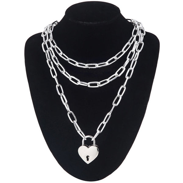 Layered punk chain necklace lock pendant necklace women men choker metal padlock chains goth jewelry grunge aesthetic accessory