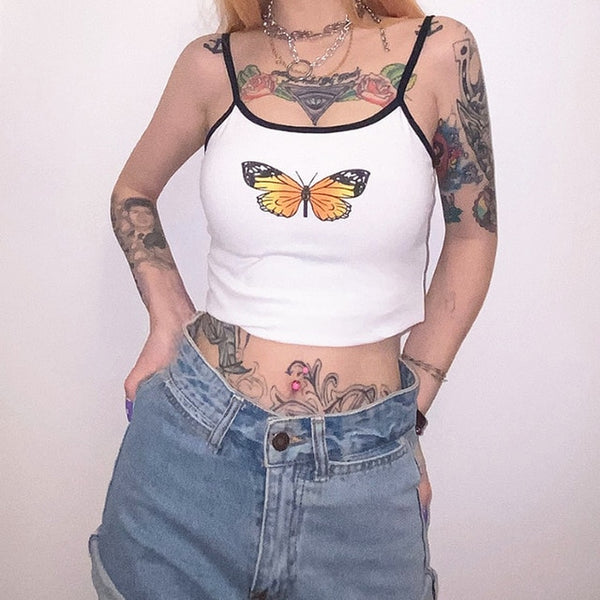 Butterfly Print Tank Tops Women Sexy Halter Vest  Clothing Party Club Bustier Summer Spring White Bottoming Cropped Sports Crops