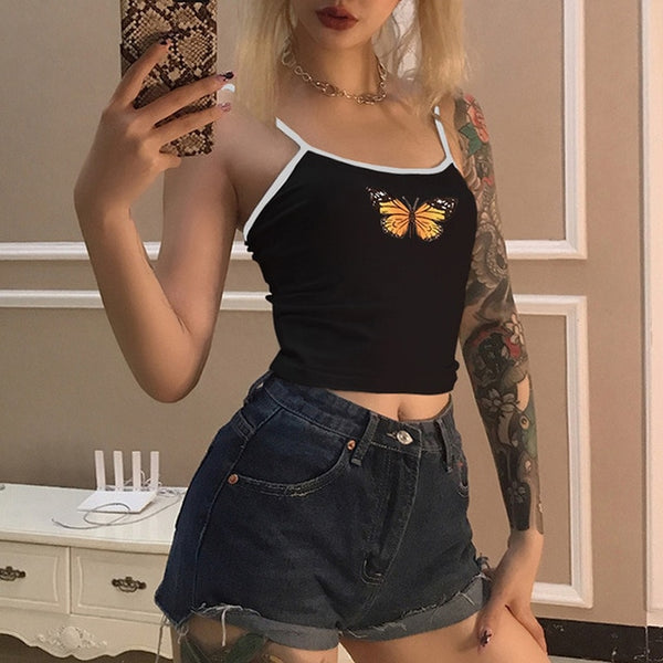 Butterfly Print Tank Tops Women Sexy Halter Vest  Clothing Party Club Bustier Summer Spring White Bottoming Cropped Sports Crops