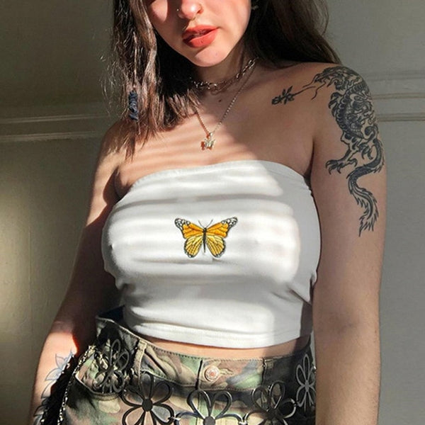 Butterfly Print Tank Tops Women Sexy Halter Vest  Clothing Party Club Bustier Summer Spring White Bottoming Cropped Sports Crops