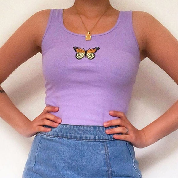 Butterfly Print Tank Tops Women Sexy Halter Vest  Clothing Party Club Bustier Summer Spring White Bottoming Cropped Sports Crops