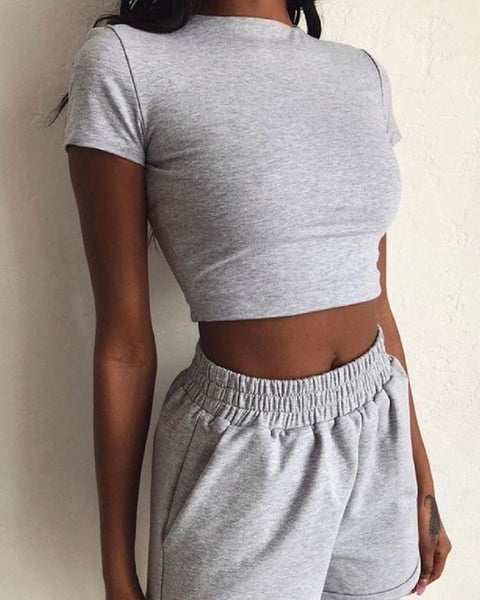 Hirigin 2 Piece Set Women Summer O-Neck Casual Crop Top 2020 Female Clothing Tracksuit Pockets Loose Shorts Two Piece