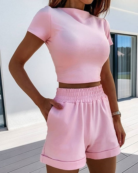 Hirigin 2 Piece Set Women Summer O-Neck Casual Crop Top 2020 Female Clothing Tracksuit Pockets Loose Shorts Two Piece