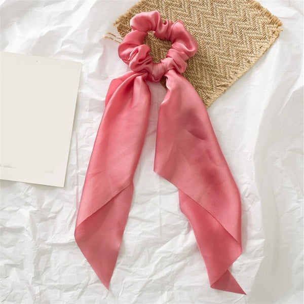DIY Solid/Floral Print Bow Satin Long Ribbon Ponytail Scarf Hair Tie Scrunchies Women Girls Elastic Hair Bands Hair Accessories