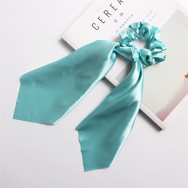 DIY Solid/Floral Print Bow Satin Long Ribbon Ponytail Scarf Hair Tie Scrunchies Women Girls Elastic Hair Bands Hair Accessories