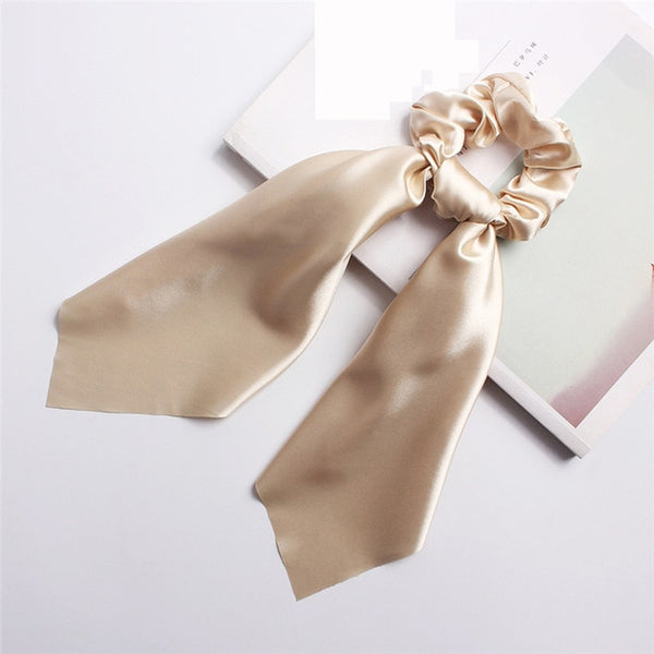 DIY Solid/Floral Print Bow Satin Long Ribbon Ponytail Scarf Hair Tie Scrunchies Women Girls Elastic Hair Bands Hair Accessories