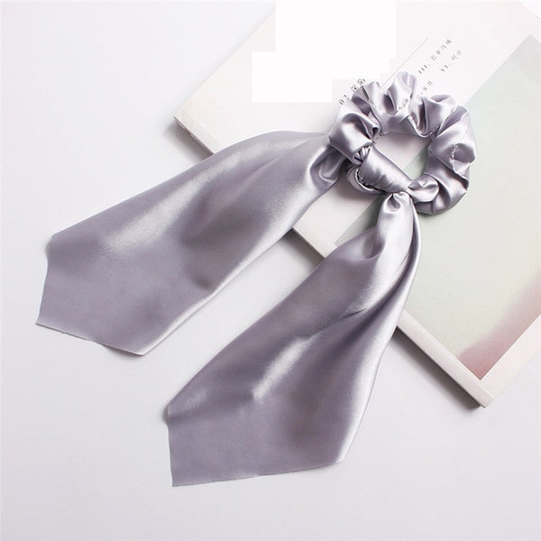 DIY Solid/Floral Print Bow Satin Long Ribbon Ponytail Scarf Hair Tie Scrunchies Women Girls Elastic Hair Bands Hair Accessories