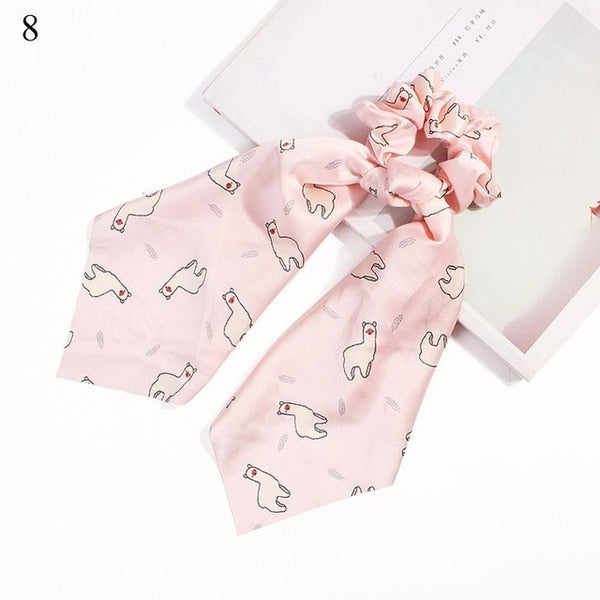 DIY Solid/Floral Print Bow Satin Long Ribbon Ponytail Scarf Hair Tie Scrunchies Women Girls Elastic Hair Bands Hair Accessories
