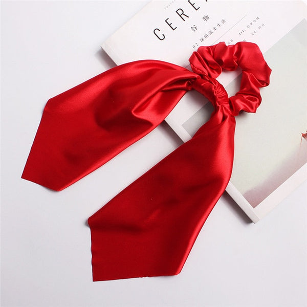 DIY Solid/Floral Print Bow Satin Long Ribbon Ponytail Scarf Hair Tie Scrunchies Women Girls Elastic Hair Bands Hair Accessories
