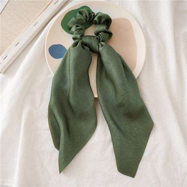 DIY Solid/Floral Print Bow Satin Long Ribbon Ponytail Scarf Hair Tie Scrunchies Women Girls Elastic Hair Bands Hair Accessories