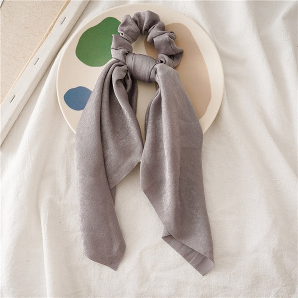DIY Solid/Floral Print Bow Satin Long Ribbon Ponytail Scarf Hair Tie Scrunchies Women Girls Elastic Hair Bands Hair Accessories