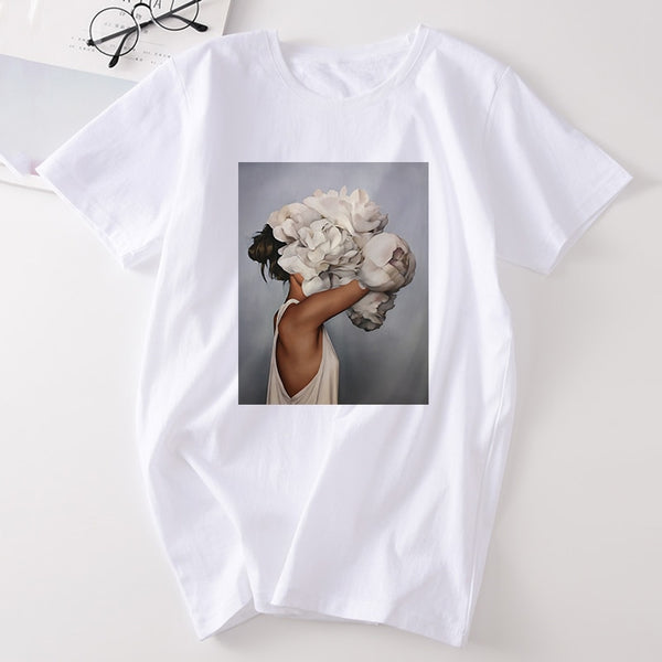 Harajuku Aesthetic Feather Flowers Printing T-shirt Fashion Women's T Shirts O Neck Short Sleeve Tee Shirt Casual Women Clothing