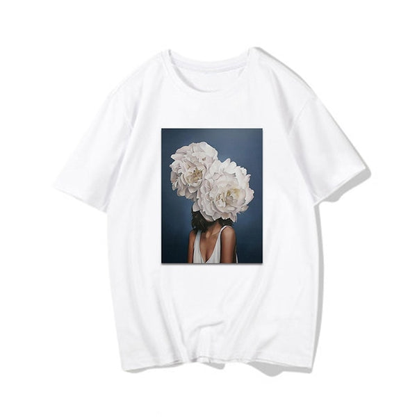 Harajuku Aesthetic Feather Flowers Printing T-shirt Fashion Women's T Shirts O Neck Short Sleeve Tee Shirt Casual Women Clothing