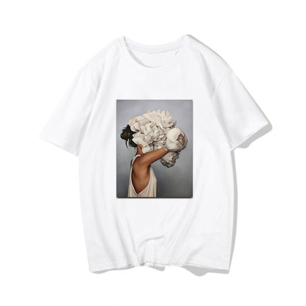 Harajuku Aesthetic Feather Flowers Printing T-shirt Fashion Women's T Shirts O Neck Short Sleeve Tee Shirt Casual Women Clothing