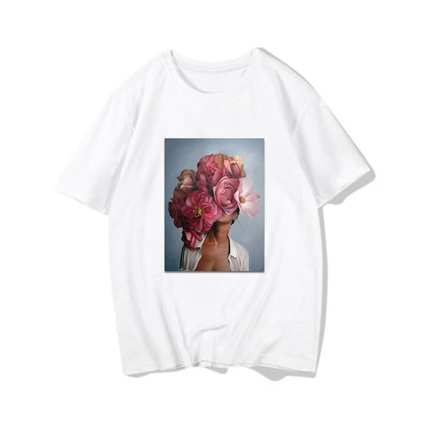 Harajuku Aesthetic Feather Flowers Printing T-shirt Fashion Women's T Shirts O Neck Short Sleeve Tee Shirt Casual Women Clothing