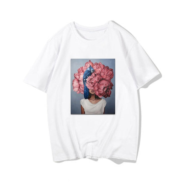 Harajuku Aesthetic Feather Flowers Printing T-shirt Fashion Women's T Shirts O Neck Short Sleeve Tee Shirt Casual Women Clothing