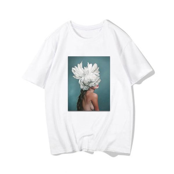Harajuku Aesthetic Feather Flowers Printing T-shirt Fashion Women's T Shirts O Neck Short Sleeve Tee Shirt Casual Women Clothing