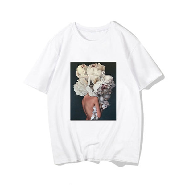 Harajuku Aesthetic Feather Flowers Printing T-shirt Fashion Women's T Shirts O Neck Short Sleeve Tee Shirt Casual Women Clothing