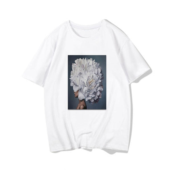 Harajuku Aesthetic Feather Flowers Printing T-shirt Fashion Women's T Shirts O Neck Short Sleeve Tee Shirt Casual Women Clothing