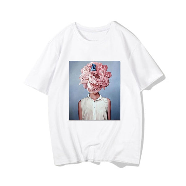 Harajuku Aesthetic Feather Flowers Printing T-shirt Fashion Women's T Shirts O Neck Short Sleeve Tee Shirt Casual Women Clothing