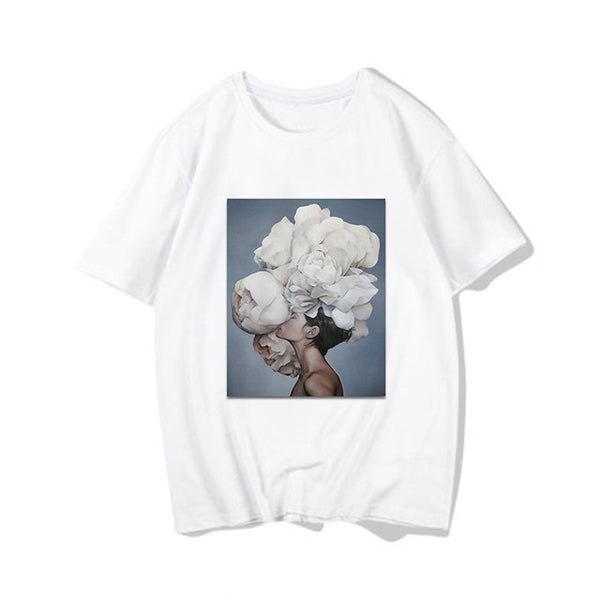 Harajuku Aesthetic Feather Flowers Printing T-shirt Fashion Women's T Shirts O Neck Short Sleeve Tee Shirt Casual Women Clothing