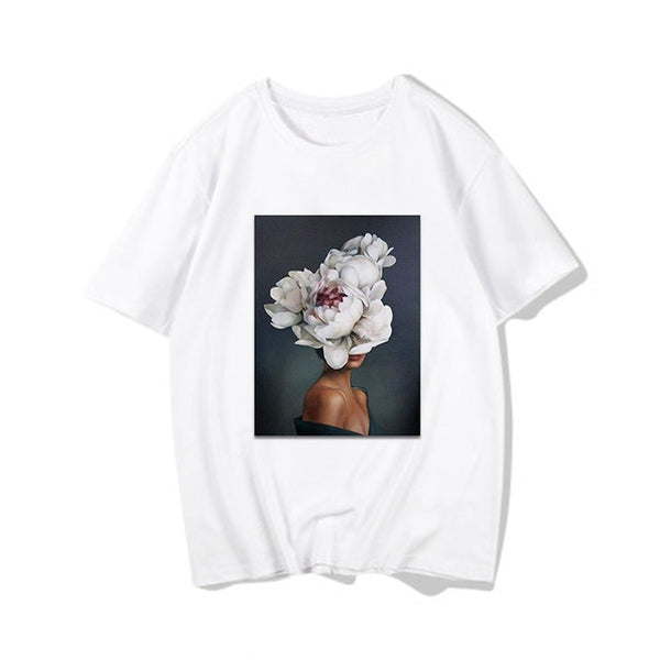 Harajuku Aesthetic Feather Flowers Printing T-shirt Fashion Women's T Shirts O Neck Short Sleeve Tee Shirt Casual Women Clothing