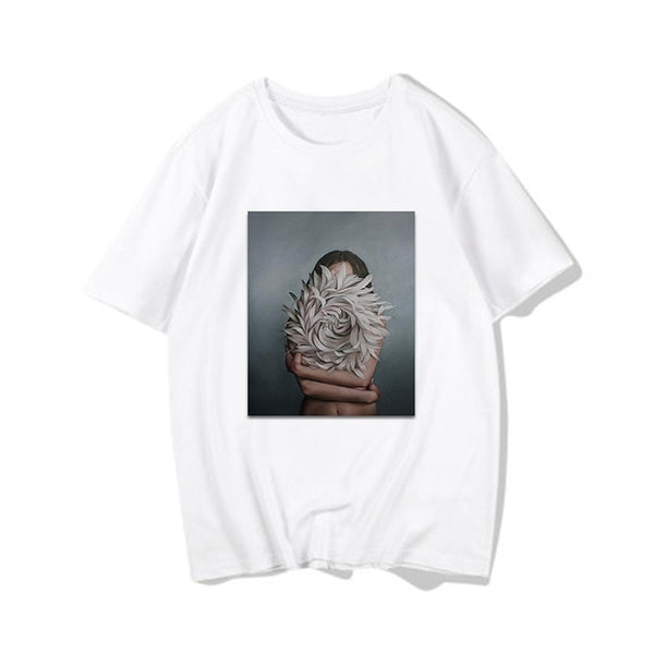 Harajuku Aesthetic Feather Flowers Printing T-shirt Fashion Women's T Shirts O Neck Short Sleeve Tee Shirt Casual Women Clothing