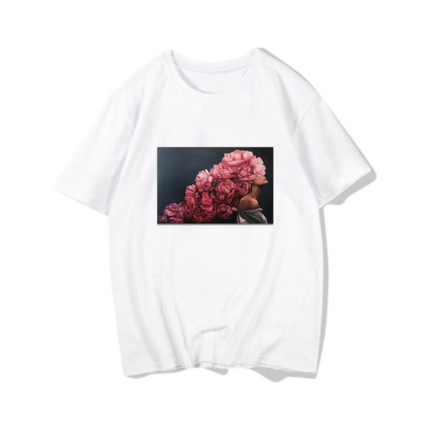 Harajuku Aesthetic Feather Flowers Printing T-shirt Fashion Women's T Shirts O Neck Short Sleeve Tee Shirt Casual Women Clothing
