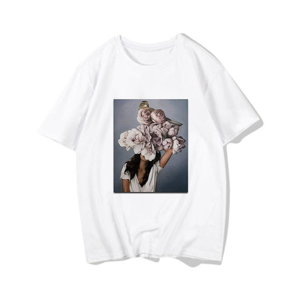 Harajuku Aesthetic Feather Flowers Printing T-shirt Fashion Women's T Shirts O Neck Short Sleeve Tee Shirt Casual Women Clothing