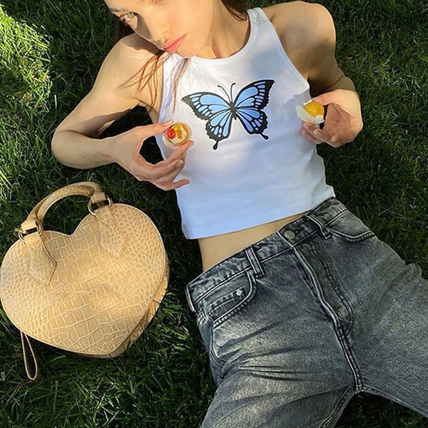 Butterfly Print Tank Tops Women Sexy Halter Vest  Clothing Party Club Bustier Summer Spring White Bottoming Cropped Sports Crops