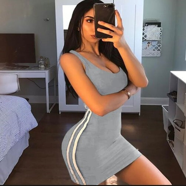 ONCE Sexy Women Sheath Dress Bandage Bodycon Sleeveless Evening Party Club Short Mini Dress 2020 Striped Fashion Women Dresses