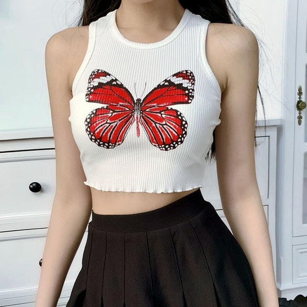 Butterfly Print Tank Tops Women Sexy Halter Vest  Clothing Party Club Bustier Summer Spring White Bottoming Cropped Sports Crops
