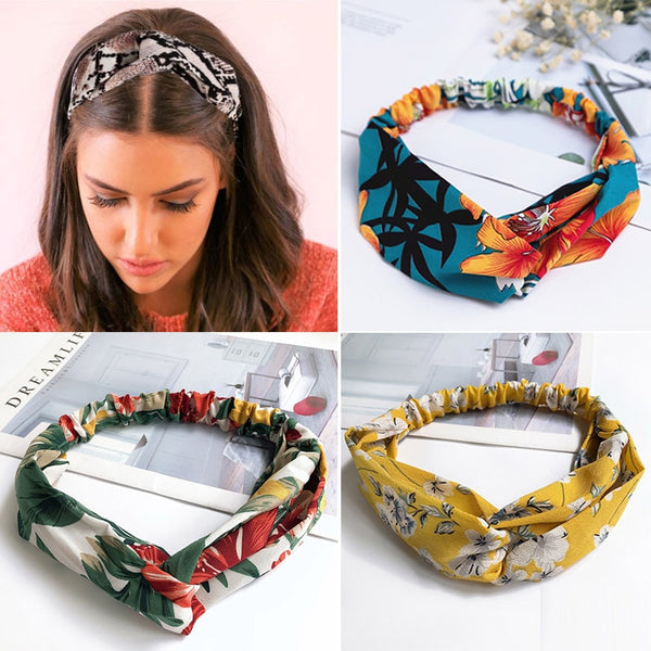 Fashion Cross Knot Headbands Flower Print Elastic Hair Bands Ties Scarf Ribbon Headwear Women Hair Accessories Head Wrap