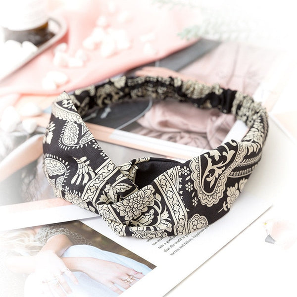 Fashion Cross Knot Headbands Flower Print Elastic Hair Bands Ties Scarf Ribbon Headwear Women Hair Accessories Head Wrap