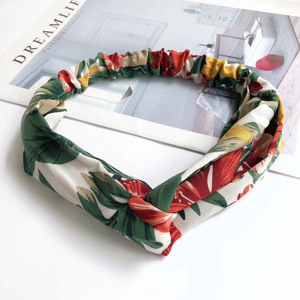 Fashion Cross Knot Headbands Flower Print Elastic Hair Bands Ties Scarf Ribbon Headwear Women Hair Accessories Head Wrap