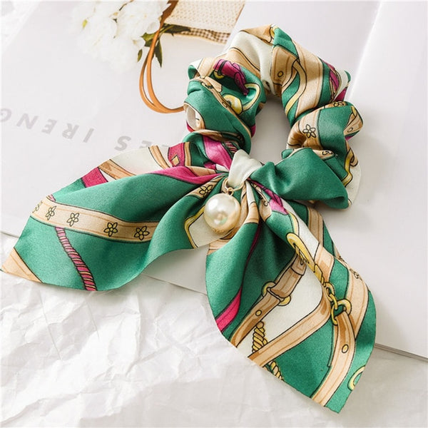 2020 New Chiffon Bowknot Silk Hair Scrunchies Women Pearl Ponytail Holder Hair Tie Hair Rope Rubber Bands Hair Accessories
