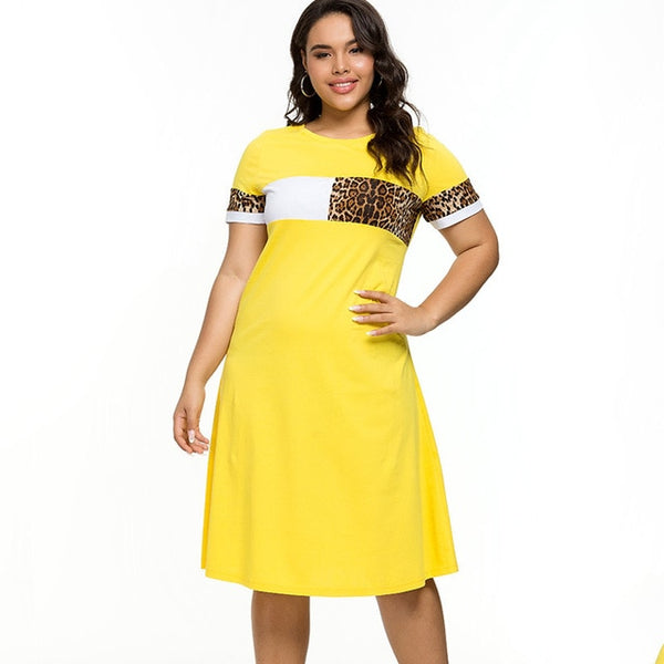 2020 Summer womens Plus Size Short sleeve T-shirt dress fashion Ladies Casual Stitching Leopard dresses