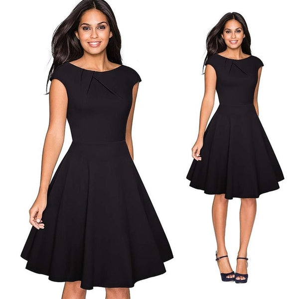 Women Elegant Summer Ruched Cap Sleeve Casual Wear To Work Office Party Fitted Skater A-Line Swing Dress EA067