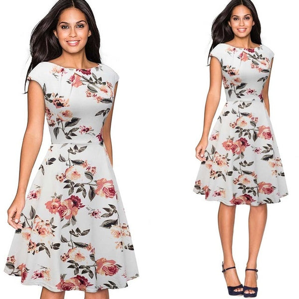 Women Elegant Summer Ruched Cap Sleeve Casual Wear To Work Office Party Fitted Skater A-Line Swing Dress EA067