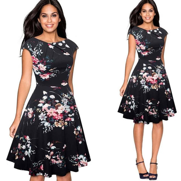 Women Elegant Summer Ruched Cap Sleeve Casual Wear To Work Office Party Fitted Skater A-Line Swing Dress EA067