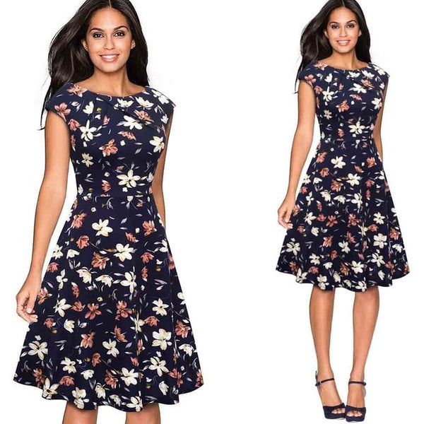 Women Elegant Summer Ruched Cap Sleeve Casual Wear To Work Office Party Fitted Skater A-Line Swing Dress EA067